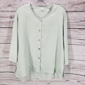 Rose Light Green 100%Linen Button Up 3/4 Sleeve Top Size Medium